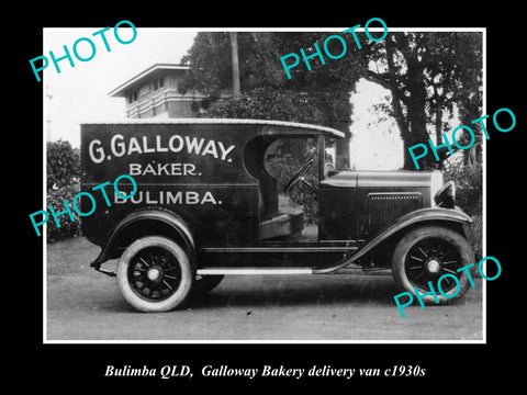 OLD LARGE HISTORIC PHOTO OF BULIMBA QLD, GALLOWAY BAKERY DELIVERY VAN c1930s