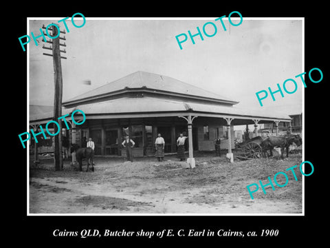 OLD LARGE HISTORIC PHOTO OF CAIRNS QLD, VIEW OF EARL's BUTCHER SHOP c1900