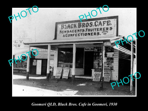 OLD LARGE HISTORIC PHOTO OF GOOMERI QLD, VIEW OF THE BLACK BROTHERS CAFE c1930