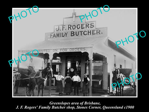 OLD LARGE HISTORIC PHOTO OF GREENSLOPES BRISBANE QLD, ROGERS BUTCHER SHOP c1900