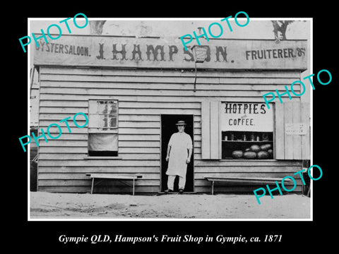 OLD LARGE HISTORIC PHOTO OF GYMPIE QLD, VIEW OF HAMPSONS FRUIT SHOP c1871