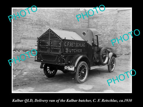 OLD LARGE HISTORIC PHOTO OF KALBAR QLD, RETSCHLAC BUTCHER DELIVERY VAN c1930