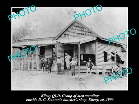 OLD LARGE HISTORIC PHOTO OF KILCOY QLD, VIEW OF STATONS BUTCHER SHOP 1906