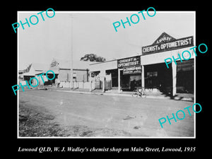 OLD LARGE HISTORIC PHOTO OF LOWOOD QLD, WADLEYS CHEMIST & OPTOMETRIST SHOP 1935