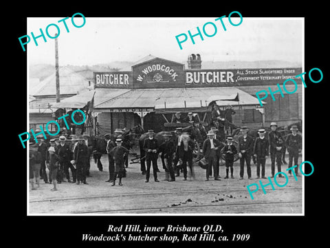 OLD LARGE HISTORIC PHOTO OF RED HILL BRISBANE, WOODCOCKS BUTCHER SHOP c1909 QLD