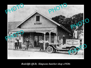 OLD LARGE HISTORIC PHOTO OF REDCLIFFE BRISBANE, SIMPSONS BUTCHER SHOP QLD c1920s