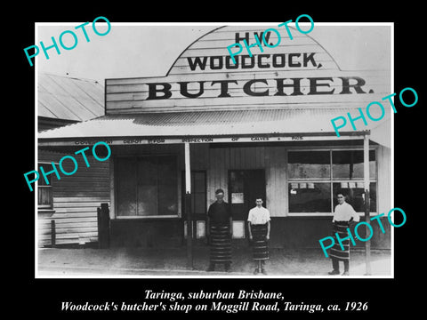 OLD LARGE HISTORIC PHOTO OF TARINGA BRISBANE, WOODCOCKS BUTCHER SHOP c1926 QLD