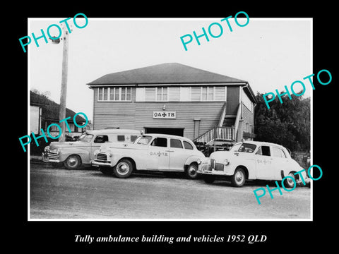 OLD LARGE HISTORIC PHOTO OF TULLY, QLD AMBULANCE SERVICE CARS & BUILDING 1952