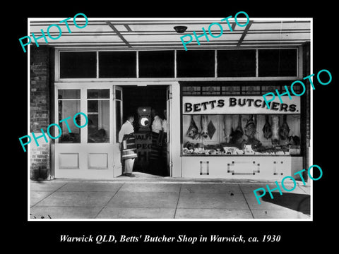 OLD LARGE HISTORIC PHOTO OF WARWICK QLD, BETTS BUTCHER SHOP c1930