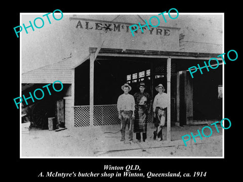 OLD LARGE HISTORIC PHOTO OF WINTON QLD, VIEW OF McINTYRES BUTCHER SHOP c1914