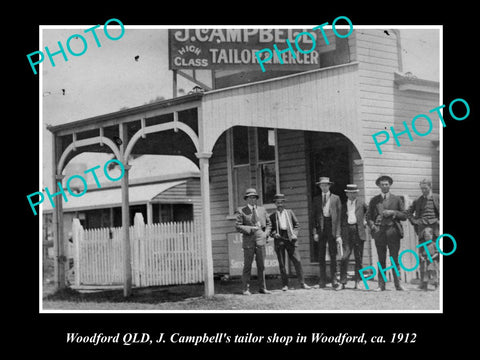 OLD LARGE HISTORIC PHOTO OF WOODFORD QLD, VIEW OF CAMPBELLS TAILOR SHOP c1912