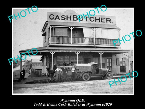 OLD LARGE HISTORIC PHOTO OF WYNNUM QLD, TODD & EVANS CASH BUTCHER SHOP c1920s