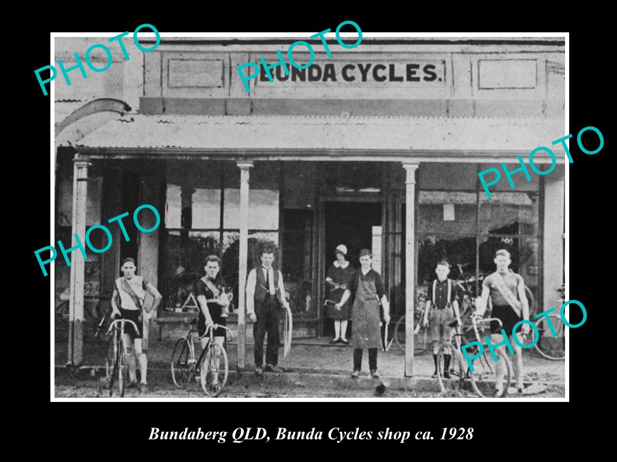 OLD LARGE HISTORIC PHOTO OF BUNDABERG QLD, VIEW OF BUNDA CYCLES BIKE SHOP c1928