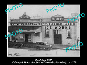 OLD LARGE HISTORIC PHOTO OF BUNDABERG QLD, DEXTERS BUTCHER SHOP & ICE WORKS 1928