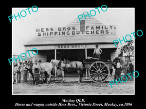 OLD LARGE HISTORIC PHOTO OF MACKAY QLD, VIEW OF HESS Bros BUTCHER SHOP c1896