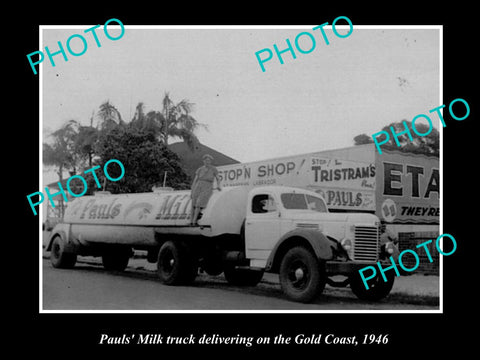 OLD LARGE HISTORIC PHOTO OF PAULS MILK DELIVERY TRUCK, THE GOLD COAST c1946 QLD