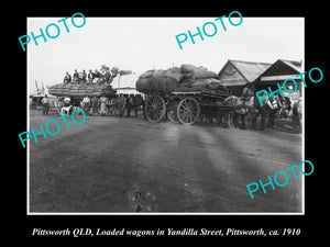 OLD LARGE HISTORIC PHOTO OF PITTSWORTH QLD, LOADED WAGONS ON YANDILLA ST c1910