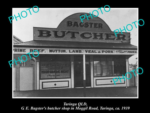 OLD LARGE HISTORIC PHOTO OF TARINGA QLD, VIEW OF BAGSTERS BUTCHER SHOP c1939