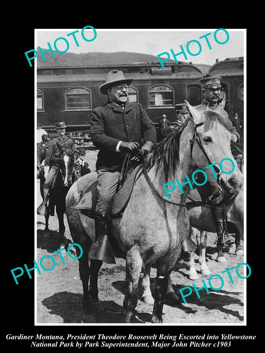 OLD LARGE HISTORIC PHOTO OF GARDINER MONTANA, PRESIDENT T ROOSEVELT ARRIVES 1903