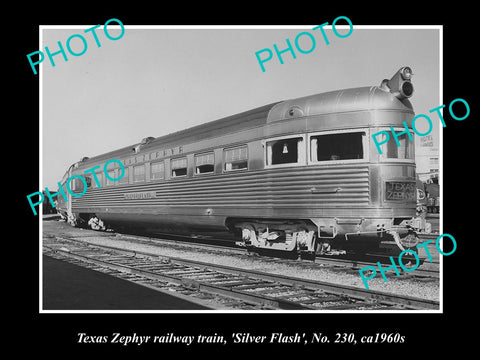 OLD LARGE HISTORIC PHOTO OF TEXAS ZEPHYR RAILWAY TRAIN, SILVER FLASH c1960s