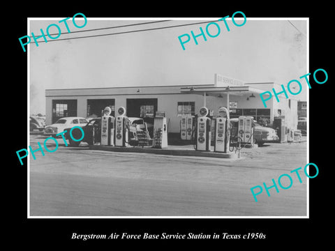 OLD LARGE HISTORIC PHOTO BERGSTROM AIRFORCE BASE SERVICE STATION, TEXAS c1950s