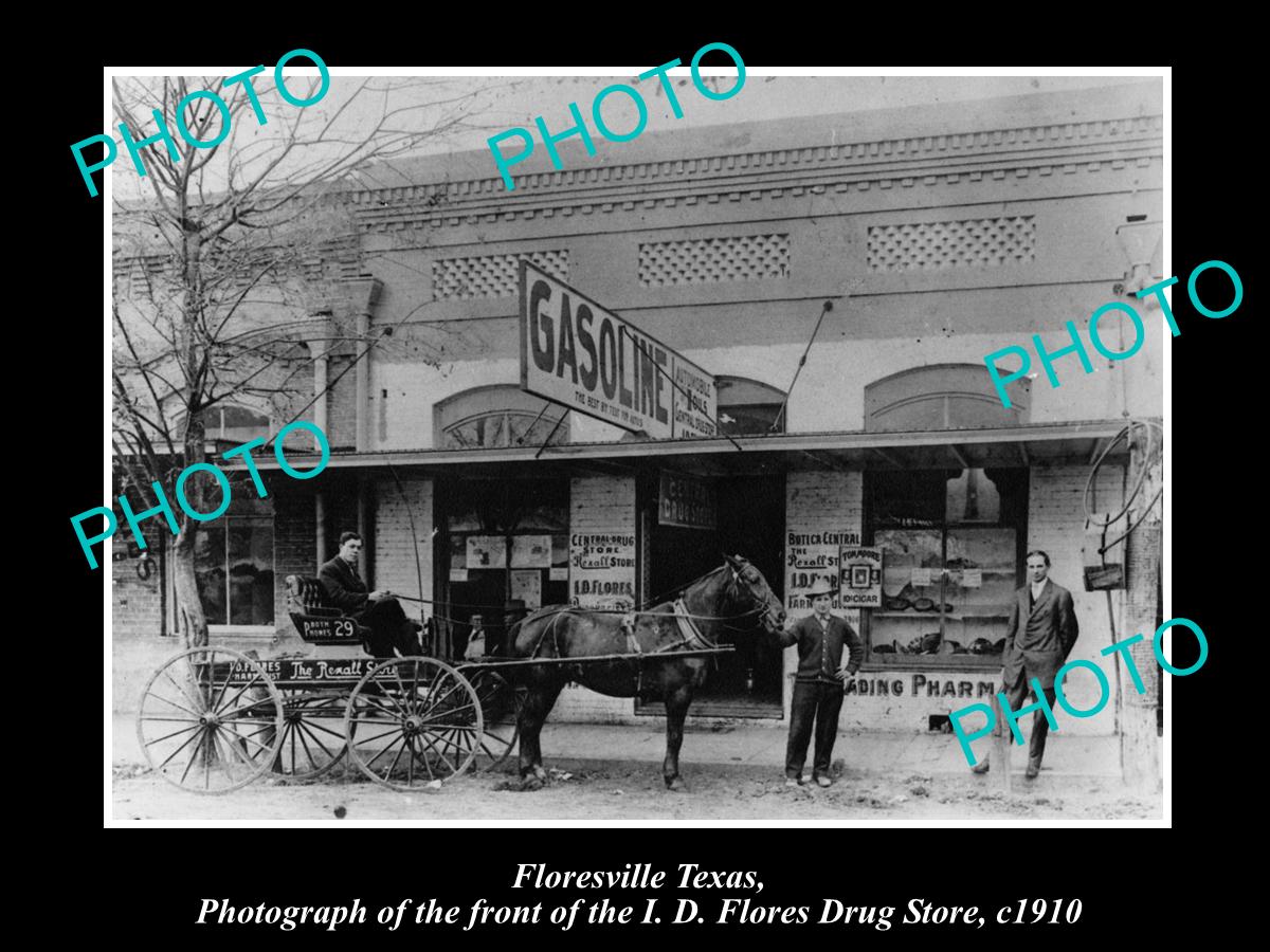 OLD LARGE HISTORIC PHOTO FLORESVILLE TEXAS, VIEW OF FLORES DRUG STORE c1910