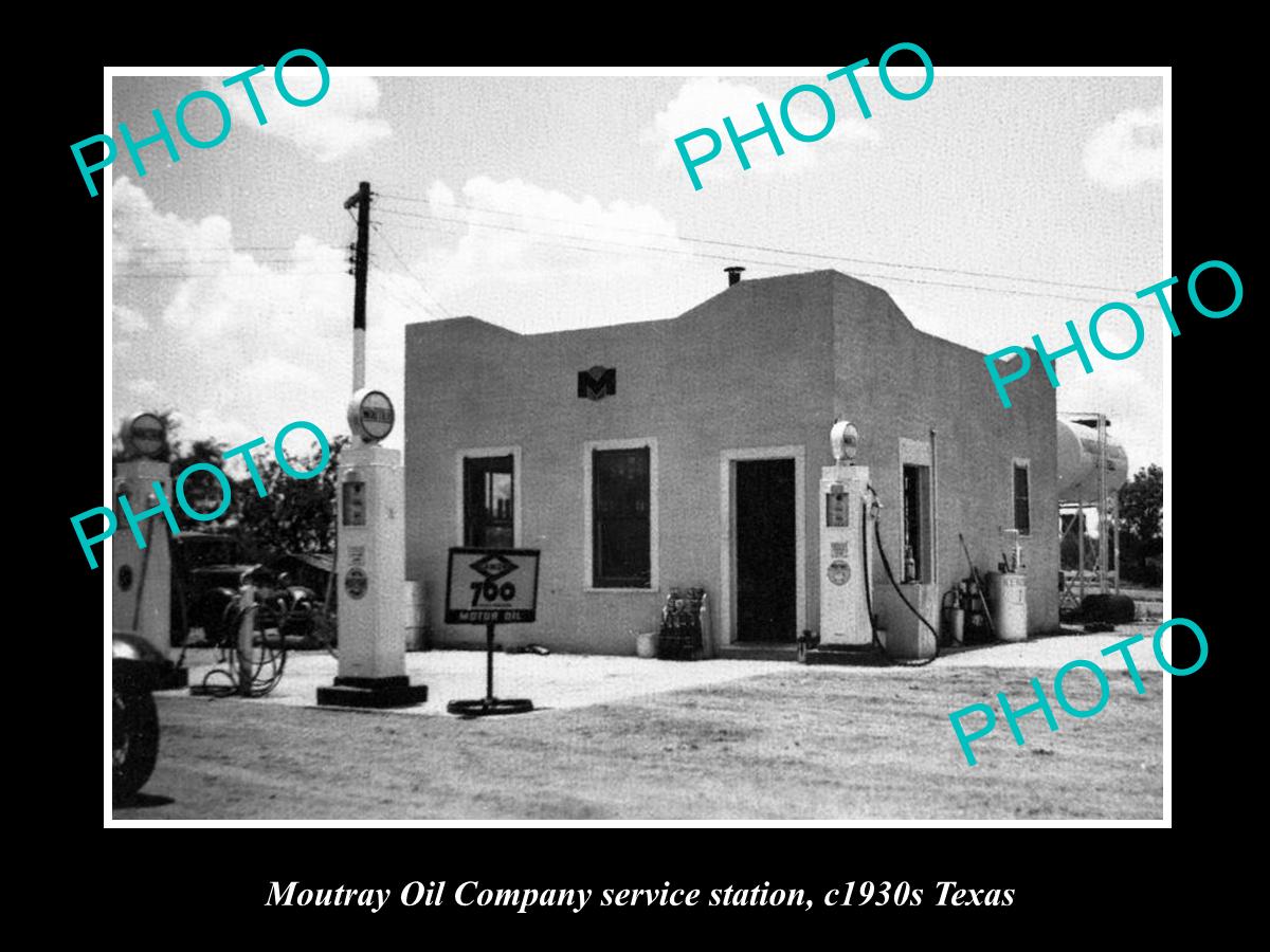 OLD LARGE HISTORIC PHOTO OF MOUTRAY OIL COMPANY SERVICE STATION c1930s TEXAS