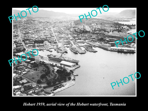 OLD LARGE HISTORIC PHOTO OF AERIAL VIEW OF THE HOBART WATERFRONT c1959 TASMANIA