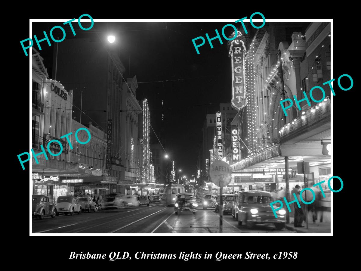 OLD LARGE HISTORIC PHOTO OF BRISBANE QLD, XMAS TIME QUEEN St IN THE CITY c1958