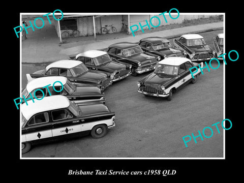 OLD LARGE HISTORIC PHOTO OF BRISBANE TAXI SERVICE FLEET OF CARS c1958, QLD