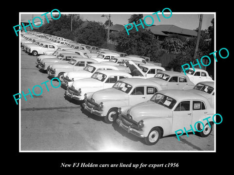 OLD LARGE HISTORICAL PHOTO OF THE FJ HOLDEN CARS LINED UP READY FOR EXPORT c1954