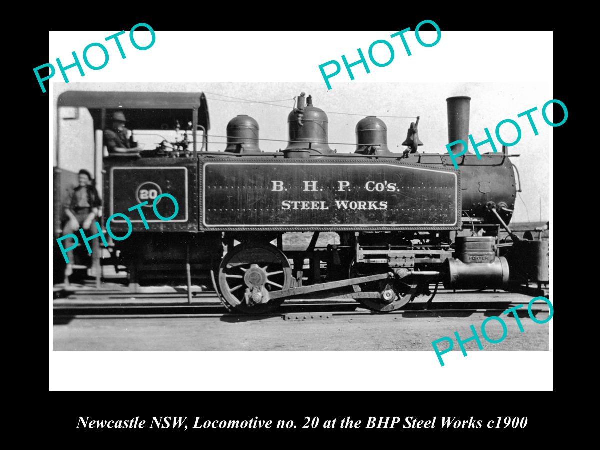 OLD LARGE HISTORICAL PHOTO OF THE BHP STEEL WORKS LOCOMOTIVE, NEWCASTLE c1900