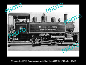 OLD LARGE HISTORICAL PHOTO OF THE BHP STEEL WORKS LOCOMOTIVE, NEWCASTLE c1900