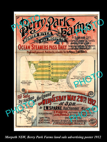 OLD LARGE HISTORICAL LAND SALE ADVERTISING POSTER, MORPETH NSW c1912 BERRY PARK