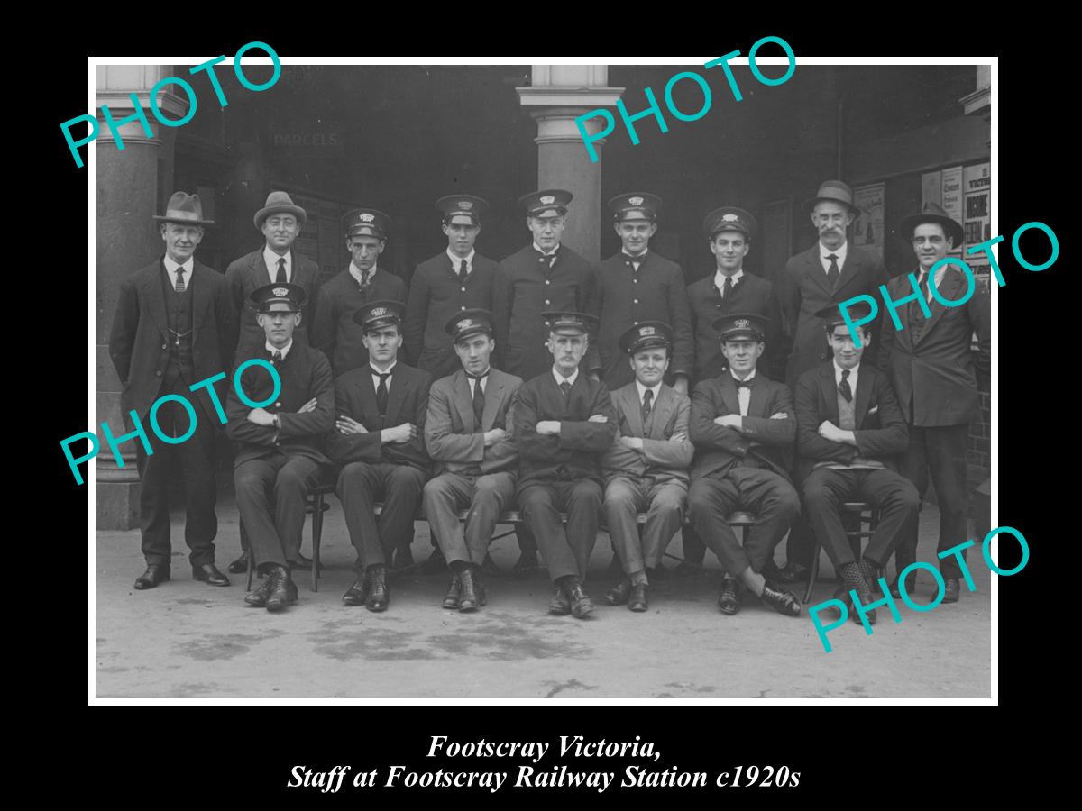 OLD LARGE HISTORICAL PHOTO OF FOOTSCRAY VICTORIA, RAILWAY STATION STAFF c1920s