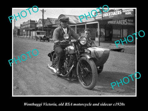 OLD LARGE HISTORICAL MOTORCYCLE PHOTO OF BSA & SIDECAR c1920, WONTHAGGI VICTORIA