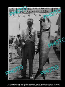 OLD HISTORICAL FISHING PHOTO, MAN WITH HIS GIANT TARPON, PORT ARANSAS TEXAS 1940