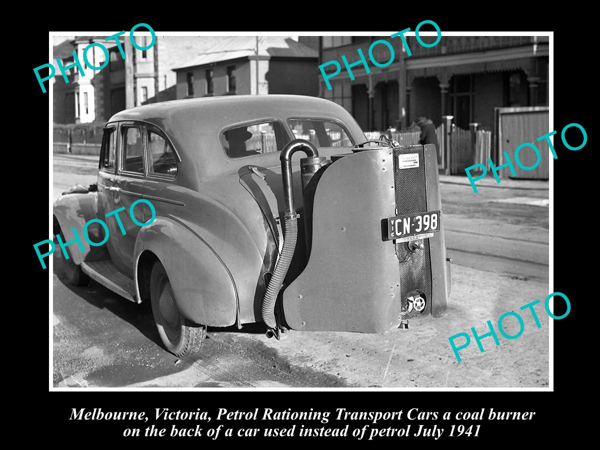 OLD HISTORICAL PHOTO OF CAR RUNNING ON A COAL BURNER, PETROL RATIONING, 1941