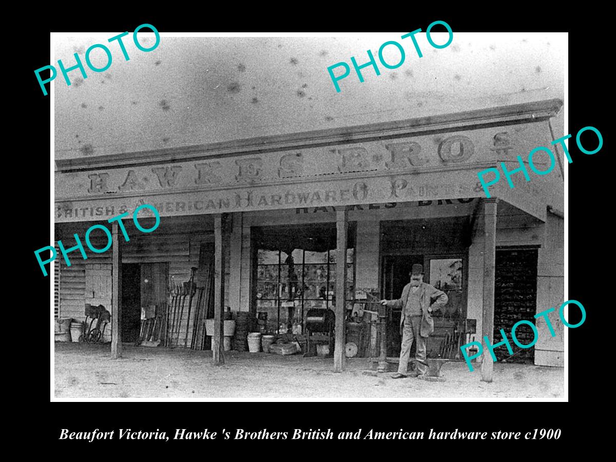 OLD LARGE HISTORICAL PHOTO OF BEAUFORT VICTORIA, HAWKES HARDWARE STORE c1900