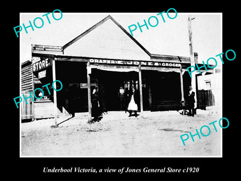 OLD LARGE HISTORICAL PHOTO OF UNDERBOOL VICTORIA, JONES' GENERAL STORE c1920