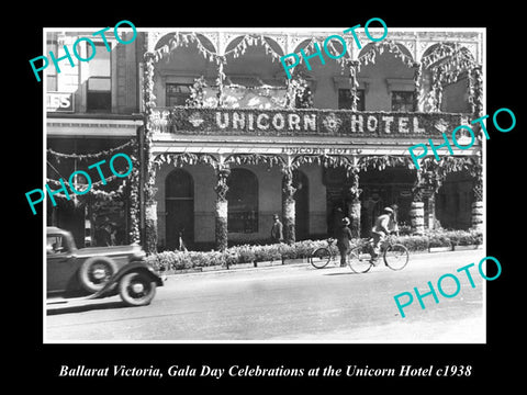 OLD LARGE HISTORICAL PHOTO OF BALLARAT VICTORIA, VIEW OF THE UNICORN HOTEL c1938