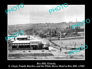 OLD LARGE HISTORICAL PHOTO OF BOX HILL VICTORIA, VIEW OF LLOYD BUTCHER SHOP 1900