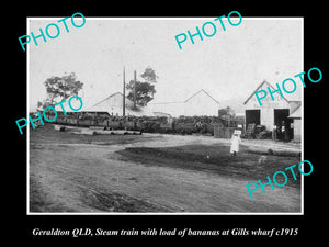 OLD LARGE HISTORICAL PHOTO OF GERALDTON QLD, LOADING BANANAS AT THE WHARF c1915