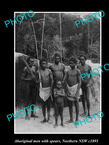 OLD LARGE HISTORICAL PHOTO OF ABORIGINAL MENS WITH SPEARS, NORTHERN NSW c1895