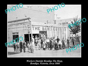 OLD LARGE HISTORICAL PHOTO OF BENDIGO VICTORIA, WORKERS AT THE TIN SHOP 1868