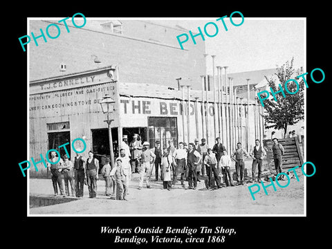 OLD LARGE HISTORICAL PHOTO OF BENDIGO VICTORIA, WORKERS AT THE TIN SHOP 1868