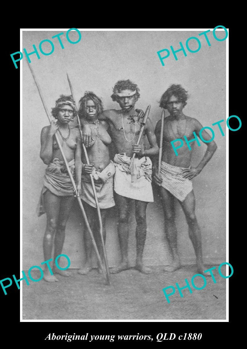 OLD LARGE HISTORICAL PHOTO OF ABORIGINAL GROUP OF YOUNG WARRIORS, c1880 QLD