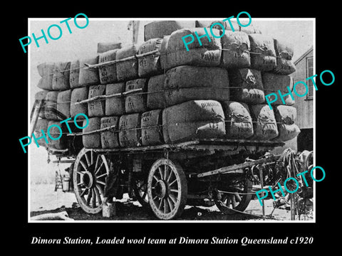 OLD LARGE HISTORIC PHOTO OF DIMORA STATION QLD, WAGON LOADED WITH WOOL c1920