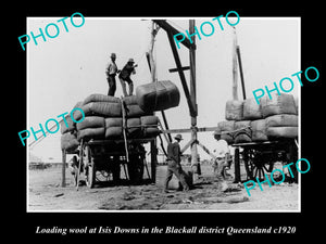 OLD LARGE HISTORIC PHOTO OF BLACKALL QLD, LOADING WOOL AT ISIS DOWNS c1920