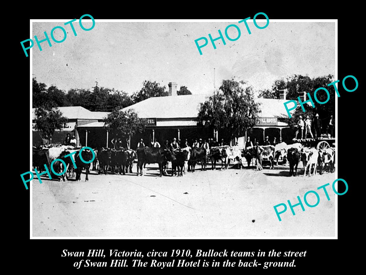 OLD LARGE HISTORIC PHOTO OF SWAN HILL VICTORIA, BULLOCK TEAM AT ROYAL HOTEL 1910